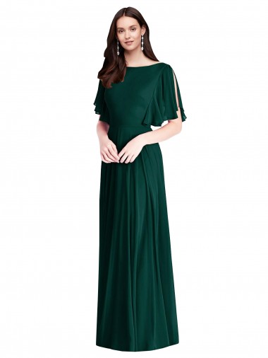 Outlet Soft Chiffon Bateau Neck Bell Sleeves V-Back Long Semi Formal Evening Dress