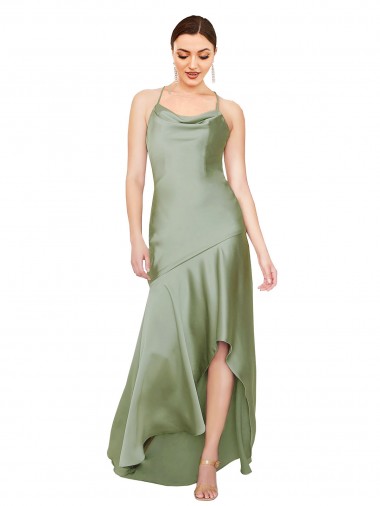 Outlet Silky Satin Cowl Neck Sleeveless Open Back Long High Low Evening Dress