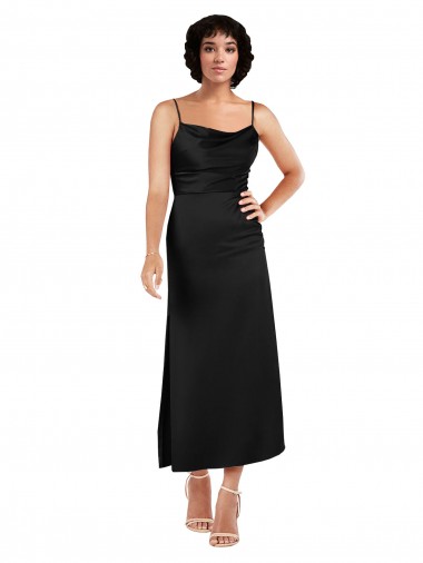 Outlet Silky Satin Spaghetti Straps Sleeveless Tea Length Formal Evening Dress