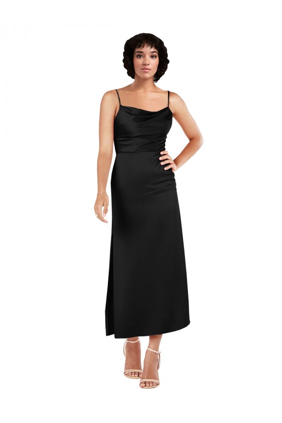 Outlet Silky Satin Spaghetti Straps Sleeveless Tea Length Formal Evening Dress
