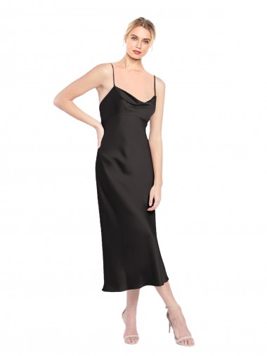 Outlet Stretch Satin Spaghetti Straps Sleeveless Low Back Midi Length Formal Evening Dress