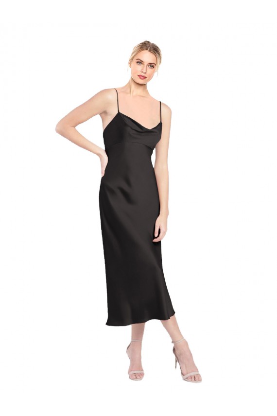 Outlet Stretch Satin Spaghetti Straps Sleeveless Low Back Midi Length Formal Evening Dress