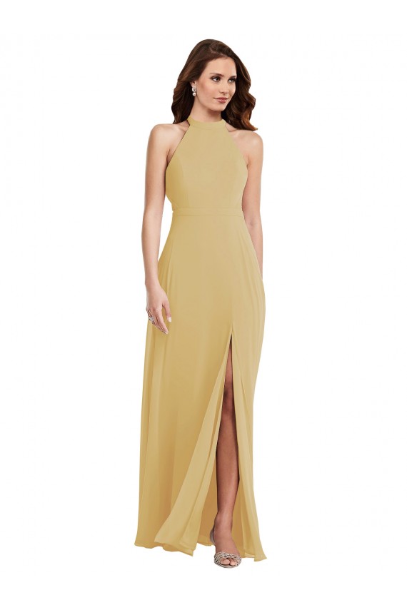 Outlet Soft Chiffon Halter Neck Sleeveless Open Back Gold Long Semi Formal Evening Dress
