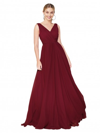 Outlet Soft Chiffon V-Neck Sleeveless V-Back Burgundy Long Formal Dress