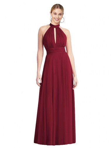Outlet Soft Chiffon Halter Neck Sleeveless Open Back Burgundy Long Semi Formal Evening Dress