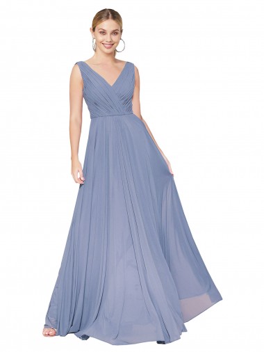 Outlet Soft Chiffon V-Neck Sleeveless V-Back Dusty Blue Long Formal Evening Dress