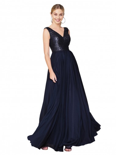 Outlet Soft Chiffon & Sequin V-Neck Sleeveless V-Back Long Semi Formal Evening Dress