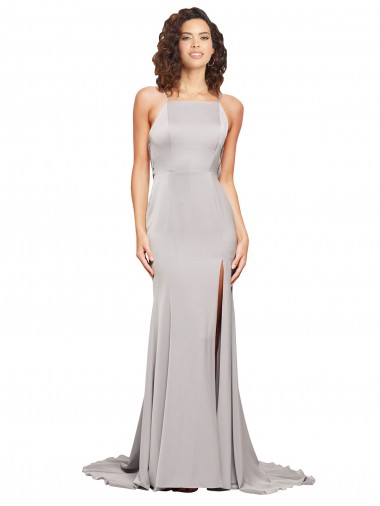 Outlet Stretch Satin High Neck Sleeveless Low Back Sweep Train Formal Evening Dress