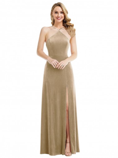 Outlet Stretch Velvet Halter Neck Sleeveless Open Back Long Semi Formal Evening Dress