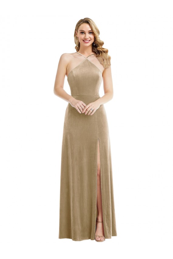 Outlet Stretch Velvet Halter Neck Sleeveless Open Back Long Semi Formal Evening Dress