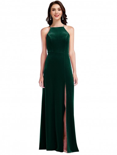 Outlet Stretch Velvet Halter Neck Sleeveless Long Semi Formal Evening Dress