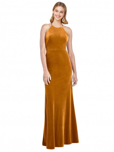 Outlet Stretch Velvet Halter Neck Sleeveless Open Back Long Formal Evening Dress