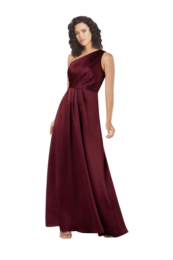 Outlet Silky Satin One Shoulder Sleeveless Burgundy Long Formal Evening Dress