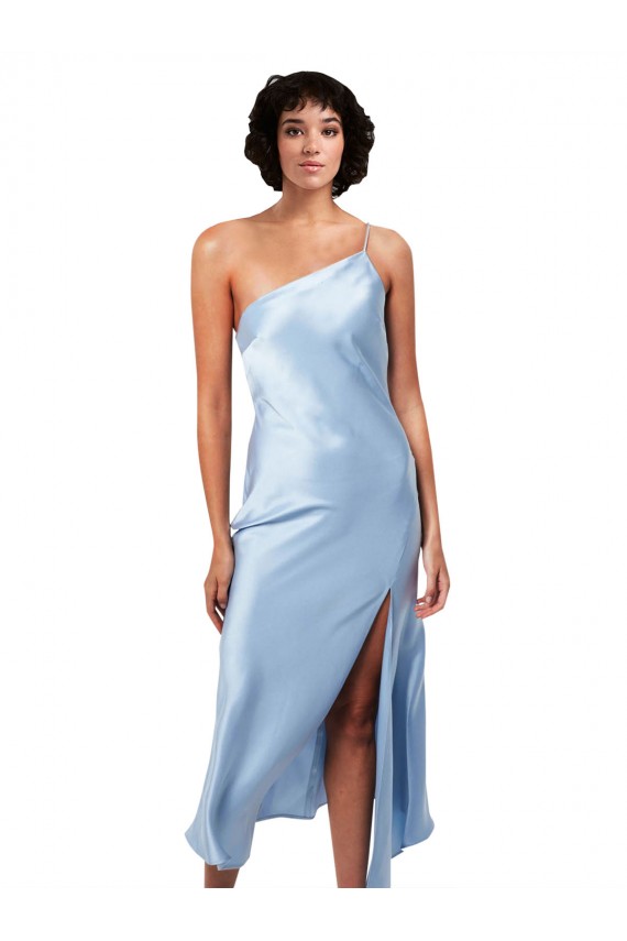 Outlet Silky Satin One Shoulder Sleeveless Midi Length Formal Evening Dress