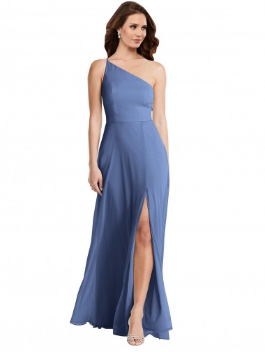 Outlet Soft Chiffon One Shoulder Sleeveless Windsor Blue Long Formal Evening Dress