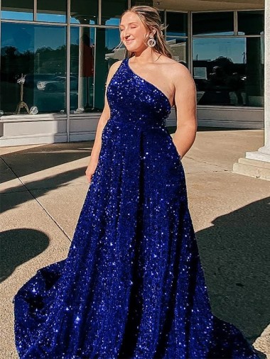 Outlet Velvet Sequin One Shoulder Sleeveless Sweep Train Evening Gown