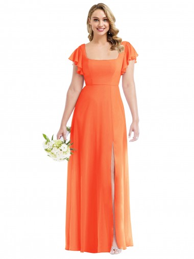 Outlet Soft Chiffon Square Neck Flutter Sleeves Open Back Long Semi Formal Evening Dress