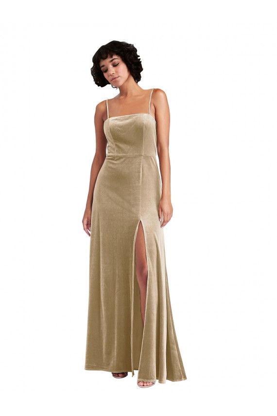 Outlet Stretch Velvet Square Neck Sleeveless Low Back Champagne Long Formal Evening Dress