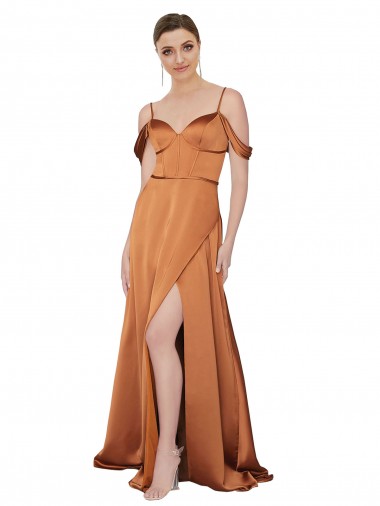 Outlet Silky Satin Spaghetti Straps Cold Shoulder Low Back Long Formal Evening Dress