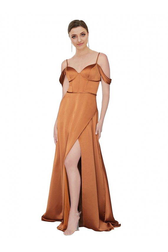 Outlet Silky Satin Spaghetti Straps Cold Shoulder Low Back Long Formal Evening Dress
