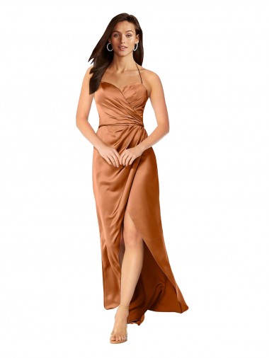 Outlet Silky Satin Spaghetti Straps Sleeveless Low Back Long High Low Evening Dress