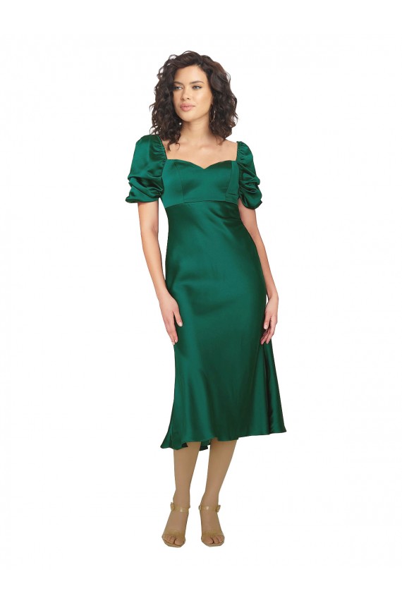 Outlet Silky Satin Sweetheart Short Sleeves Low Back Midi Length Formal Evening Dress
