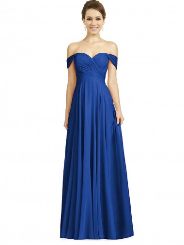 Outlet Soft Chiffon Off the Shoulder Cap Sleeves Long Semi Formal Evening Dress