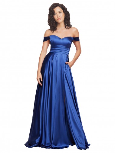 Outlet Stretch Satin Off the Shoulder Sleeveless Sweep Train Formal Evening Dress