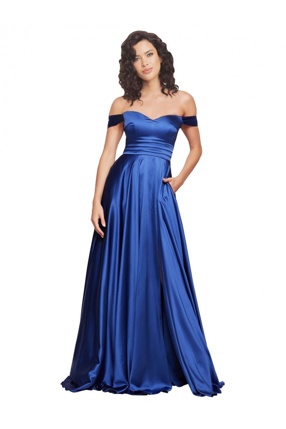Outlet Stretch Satin Off the Shoulder Sleeveless Sweep Train Formal Evening Dress