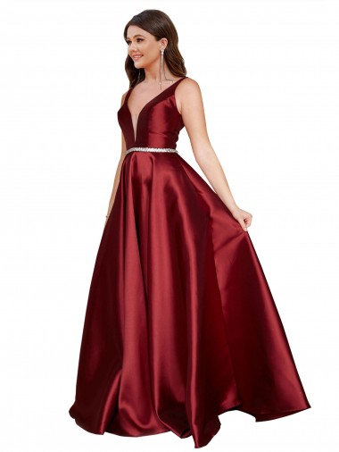 Outlet Satin V-Neck Sleeveless V-Back Long Plus Size Formal Evening Dress