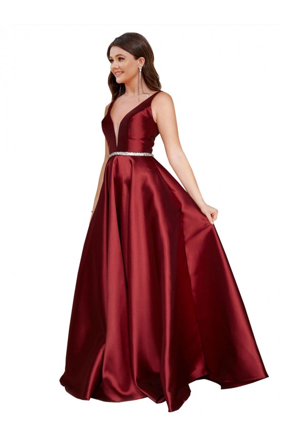Outlet Satin V-Neck Sleeveless V-Back Long Plus Size Formal Evening Dress