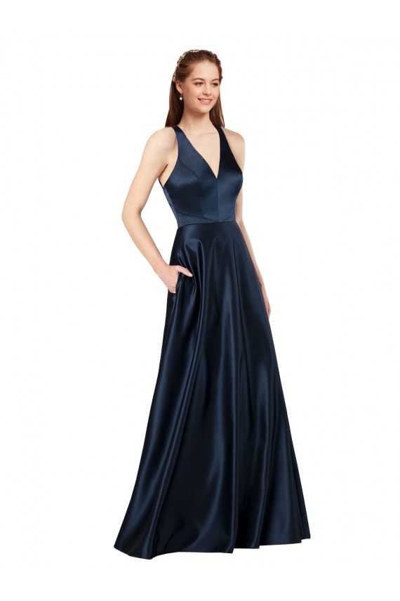 Outlet Satin V-Neck Sleeveless Keyhole Back Long Formal Evening Dress