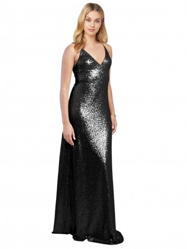 Outlet Sequin Spaghetti Straps Sleeveless V-Back Long Formal Evening Dress