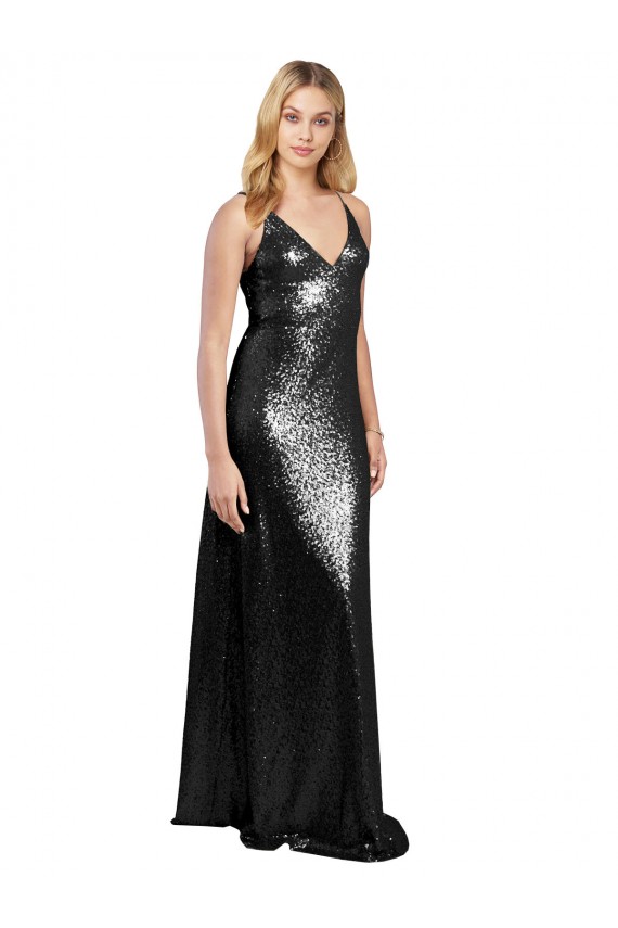 Outlet Sequin Spaghetti Straps Sleeveless V-Back Long Formal Evening Dress