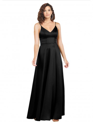 Outlet Silky Satin V-Neck Sleeveless V-Back Black Long Formal Evening Dress