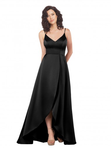 Outlet Silky Satin V-Neck Sleeveless V-Back Long High Low Evening Dress