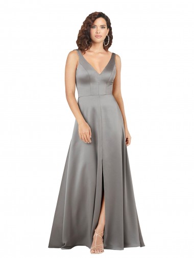 Outlet Silky Satin V-Neck Sleeveless Long Formal Evening Gown