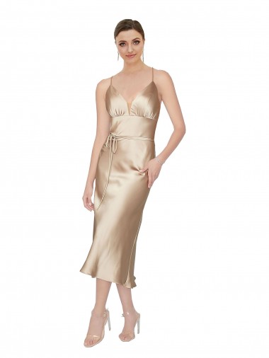 Outlet Silky Satin V-Neck Sleeveless Midi Length Formal Evening Dress