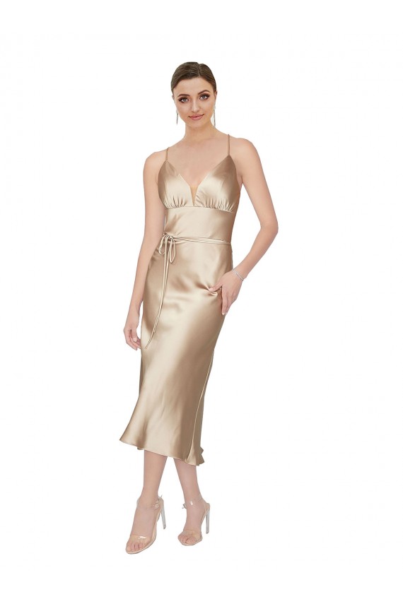 Outlet Silky Satin V-Neck Sleeveless Midi Length Formal Evening Dress