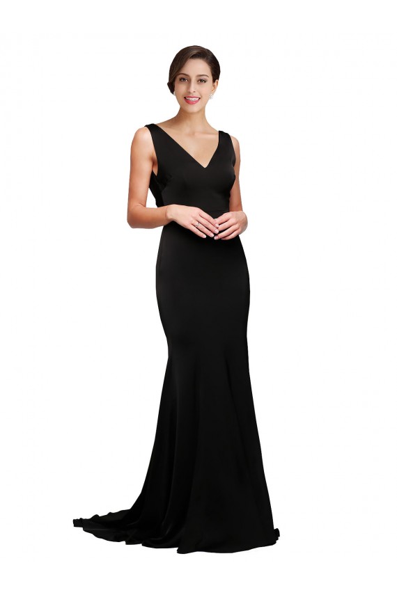 Outlet Silky Satin V-Neck Sleeveless Low Back Sweep Train Formal Evening Dress