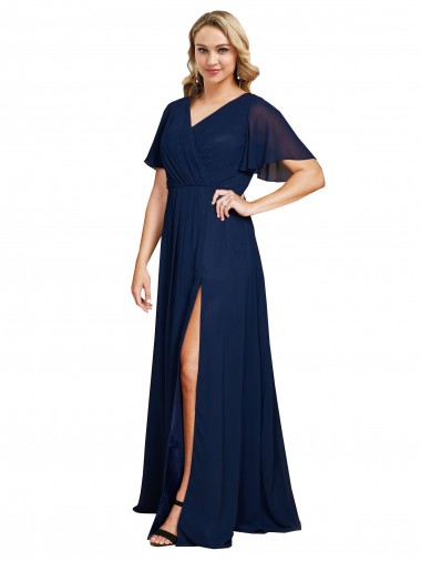Outlet Soft Chiffon V-Neck Short Flutter Sleeves Long Plus Size Formal Evening Dress
