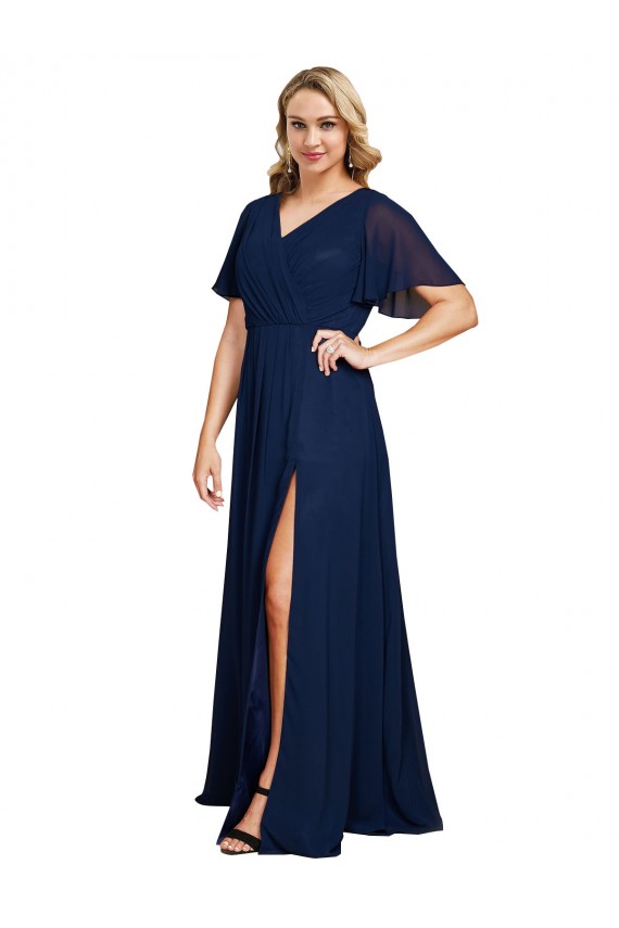 Outlet Soft Chiffon V-Neck Short Flutter Sleeves Long Plus Size Formal Evening Dress