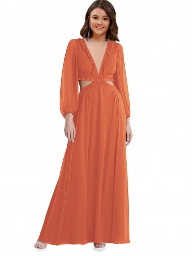 Outlet Soft Chiffon V-Neck Long Sleeves Open Back Long High Low Evening Dress