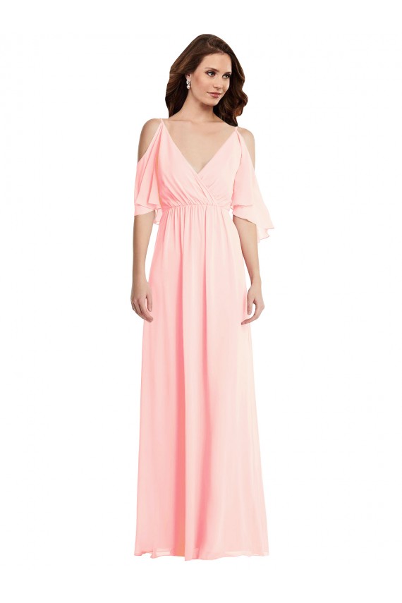 Outlet Soft Chiffon V-Neck Cold Shoulder V-Back Long Semi Formal Evening Dress