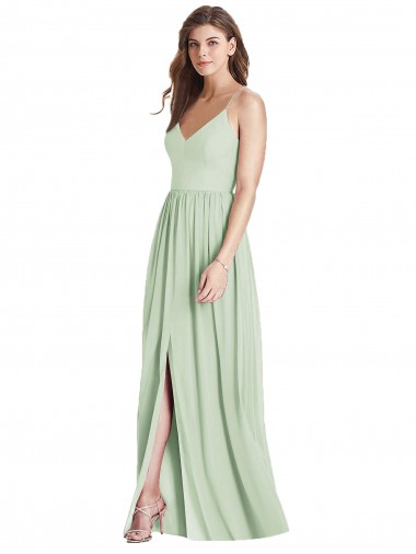 Outlet Soft Chiffon Spaghetti Straps Sleeveless Open Back Sage Long Semi Formal Evening Dress