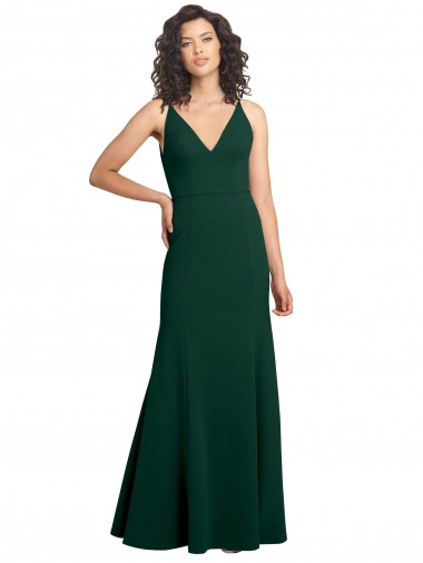 Outlet Stretch Crepe V-Neck Sleeveless V-Back Midnight Green Long Formal Dress