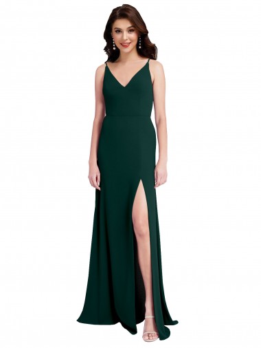 Outlet Stretch Crepe V-Neck Sleeveless V-Back Midnight Green Long Formal Evening Dress