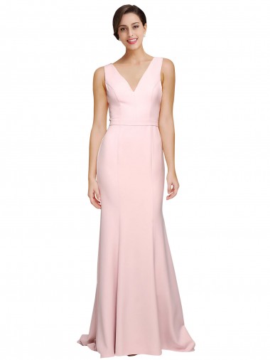 Outlet Stretch Crepe V-Neck Sleeveless V-Back Sweep Train Semi Formal Evening Dress