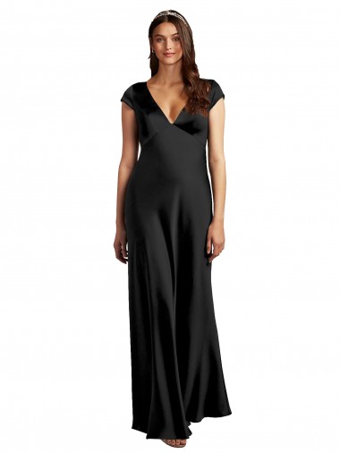 Outlet Stretch Satin V-Neck Cap Sleeves Keyhole Back Long Formal Evening Dress