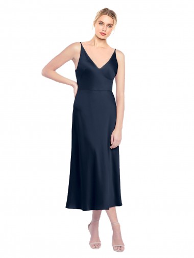 Outlet Stretch Satin V-Neck Sleeveless V-Back Midi Length Formal Evening Dress